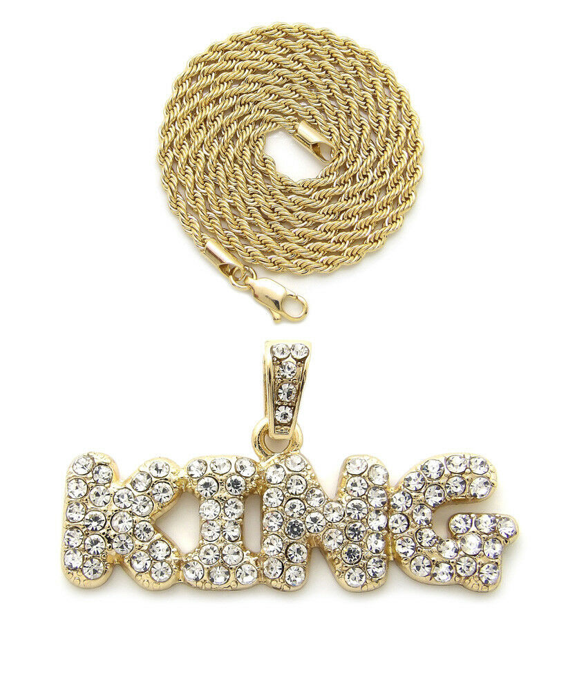 Iced Out Bubble Letter KING Pendant & 24" Box, Cuban, Rope Chain Hip Hop Necklace