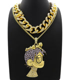 Hip Hop Iced Uzi Character Pendant & 18" Full Iced Cuban Choker Chain Necklace Set