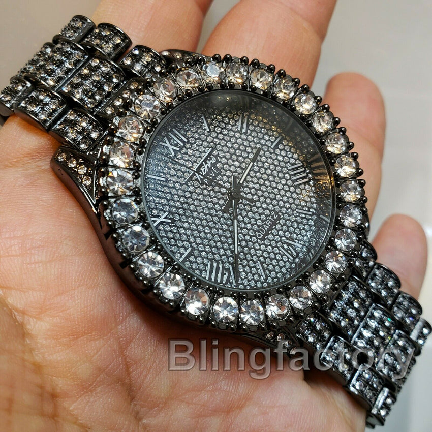 Men's Hip Hop Iced Rapper Bling BIG Simulated Diamond Black Metal Band Watch