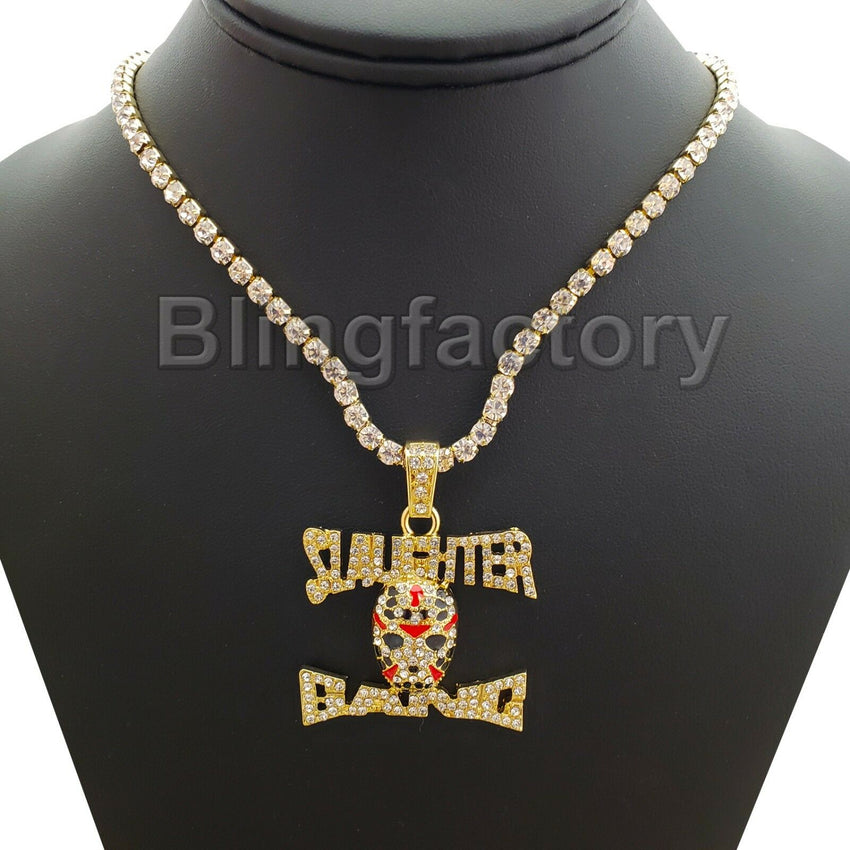 Hip Hop Slaughter Gang Pendant & 1 Row Diamond Tennis Choker Chain Necklace
