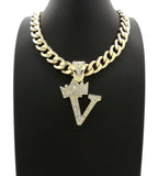 Hip Hop Crowned Alphabet Initial Pendant & 11mm 20" Cuban Choker Chain Necklace