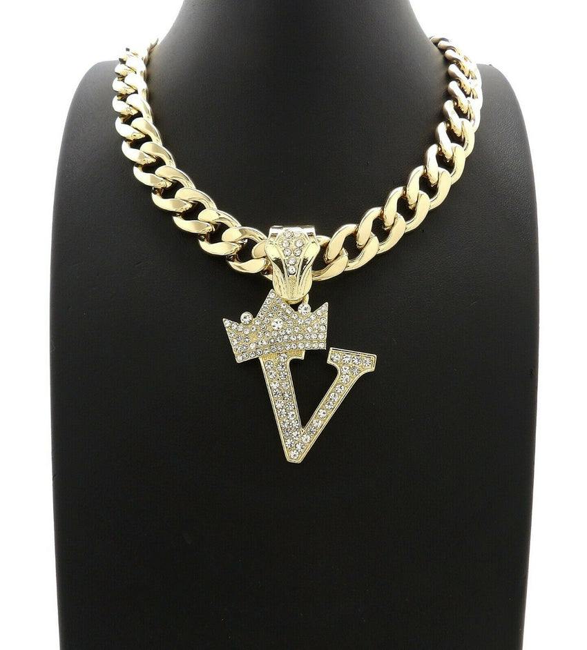 Hip Hop Crowned Alphabet Initial Pendant & 11mm 20" Cuban Choker Chain Necklace