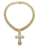 Hip Hop Gold Plated Cross Pendant & 12mm 20" Iced Box Lock Cuban Choker Chain Necklace