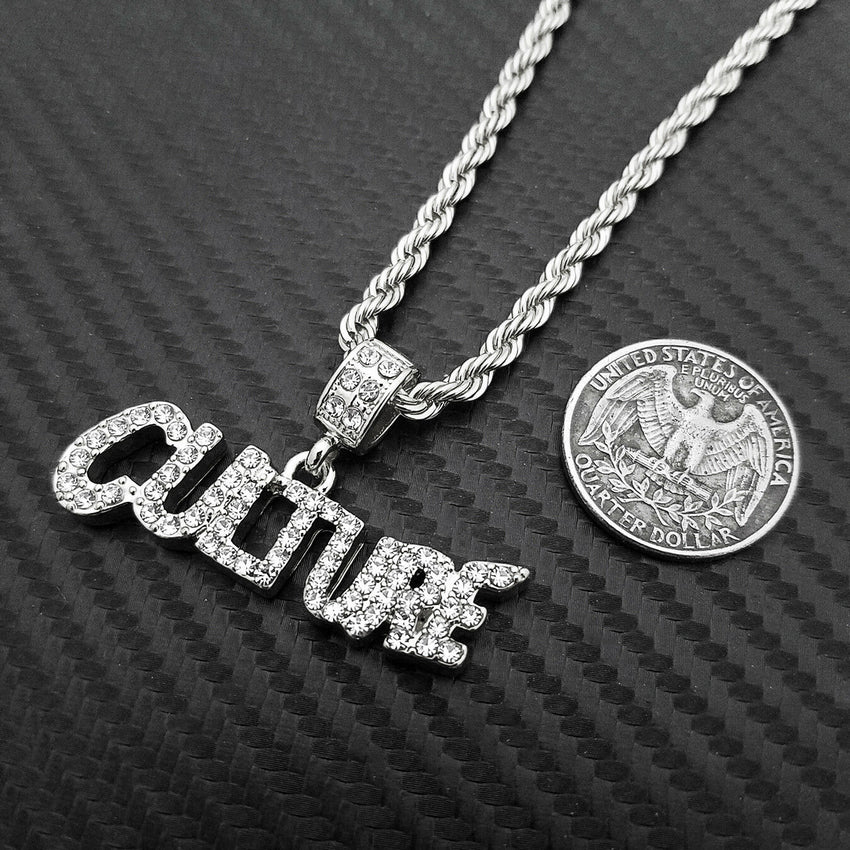 Iced Out Silver PT Hip Hop CULTURE Pendant & 24" Rope Chain Hip Hop Necklace