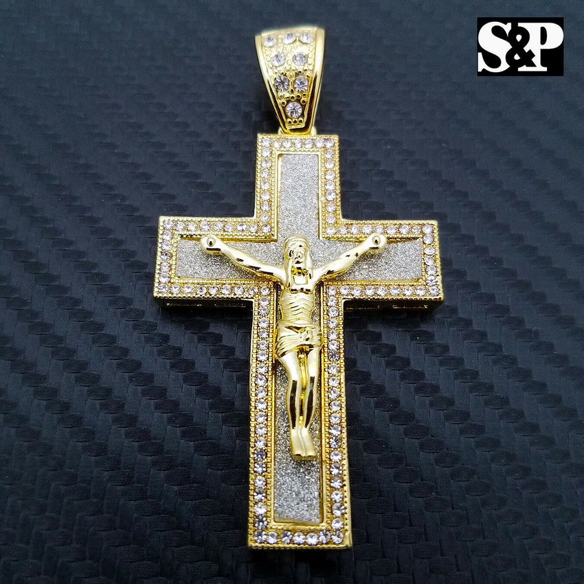 HIP HOP ICED OUT LAB DIAMOND GOLD PLATED BLING 3D JESUS BODY CROSS PENDANT