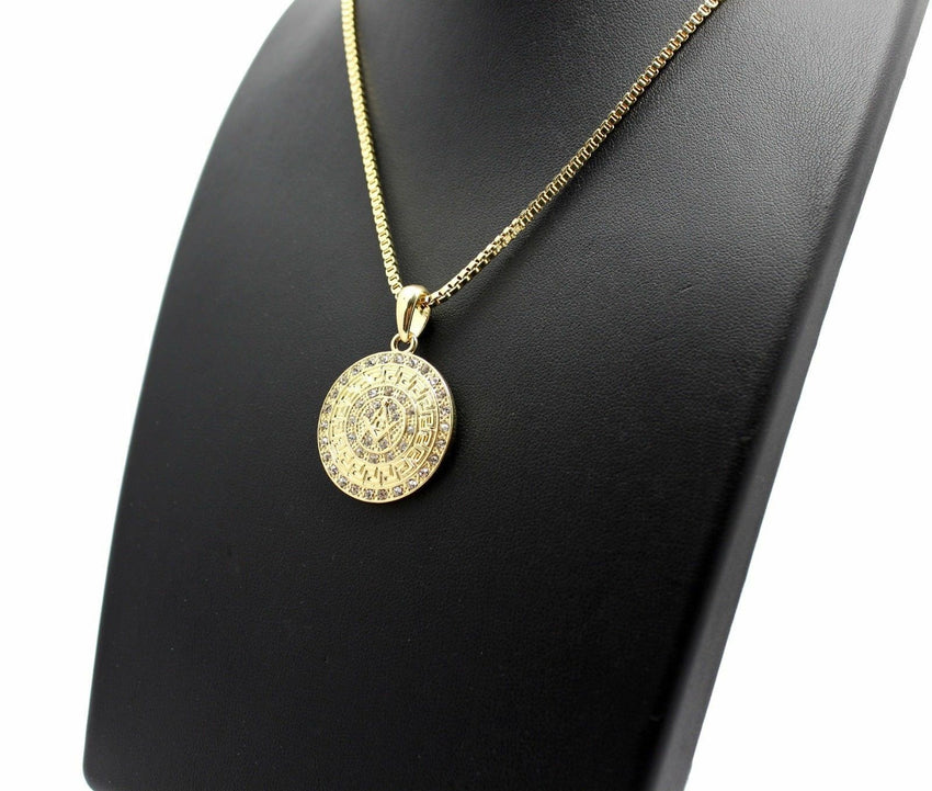 Iced Out Gold PT FREEMASON Masonic Pendant & 2mm 24" Box Chain Hip Hop Necklace