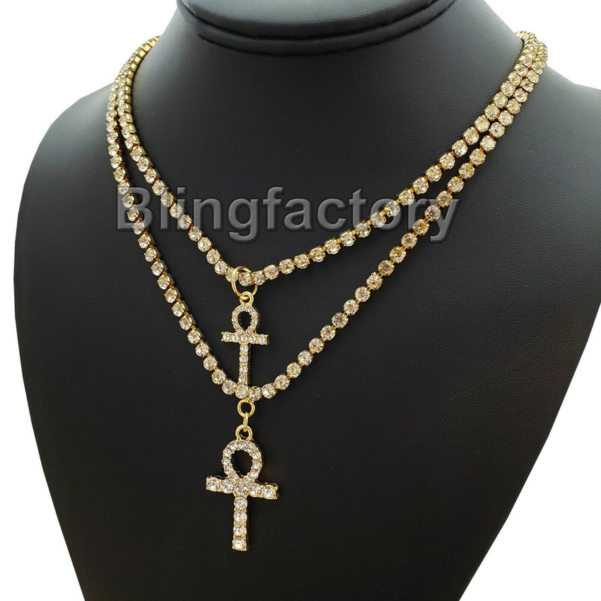 Iced Out Double Ankh Cross Pendant w/ 3mm 16" & 18" 1 Row Tennis Chain Necklace