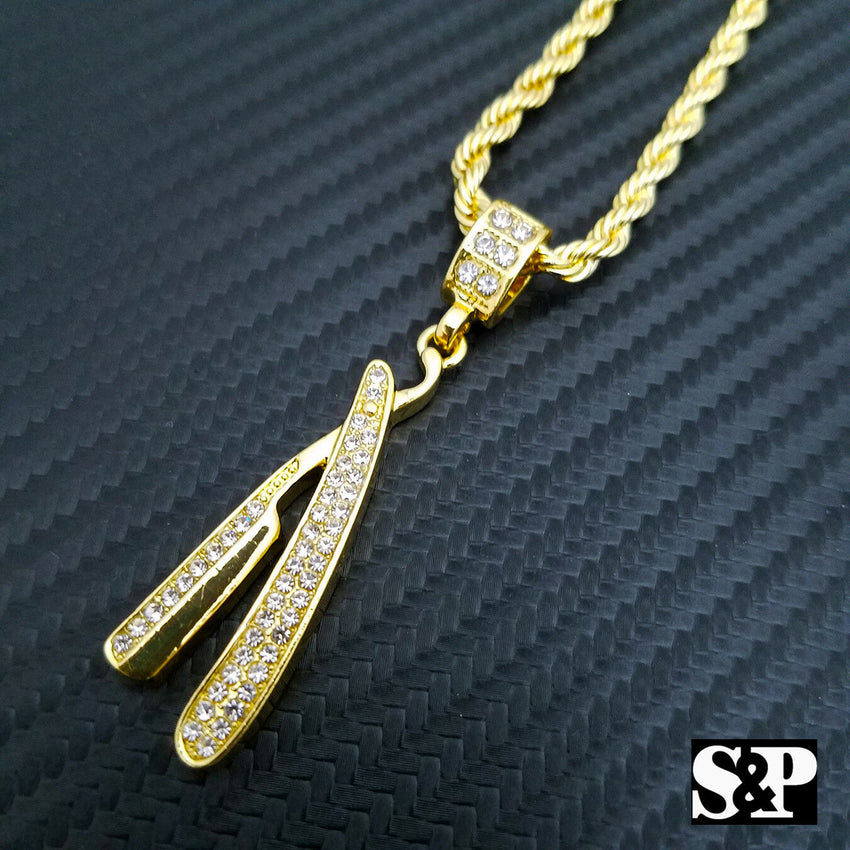 Iced out Fashion Barber Shop Razor Blade Pendant & 4mm 24" Rope Chain Necklace