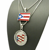 New Hip Hop Flag Puerto Rico Flag Pendant w/ 2mm 24",30" Box Chain Necklace Set