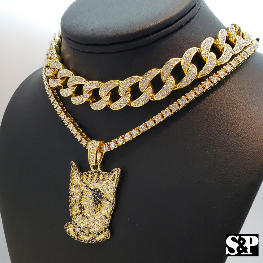 Hip Hop Uzi Vert Pendant w/ 18" Full Iced Cuban & 1 ROW DIAMOND Choker Chain Necklace Set