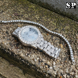 HIP HOP ICED OUT WHITE GOLD PT LUXURY WATCH & 1 ROW TENNIS CHAIN BRACELET SET