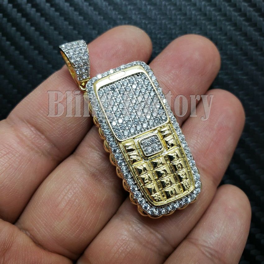 Iced Brass Retro Phone Pendant & 1 Row Lab Diamond Tennis Chain Necklace