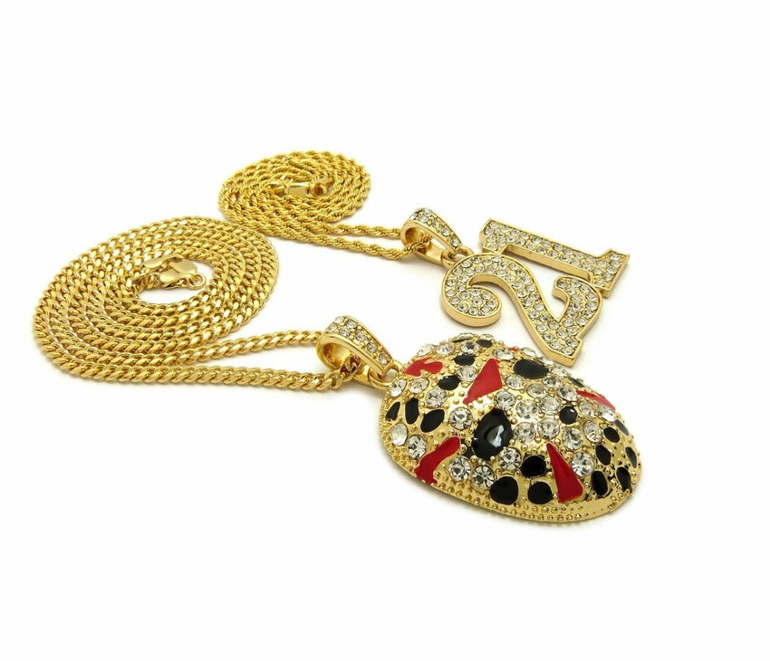 ICED OUT SAVAGE 21 & SLAUGHTER GANG MASK PENDANT & CHAINS 2 NECKLACE COMBO SET