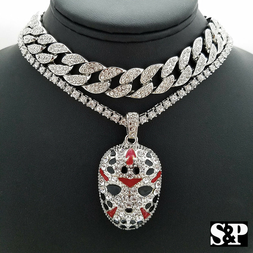 Hip Hop Slaughter Gang w/ 1 ROW DIAMOND & 18" Full Iced Cuban Choker Chain Set
