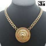Hip Hop Gold Plated Lion Necklace & 18" Full Iced Cuban Choker Chain Necklace set