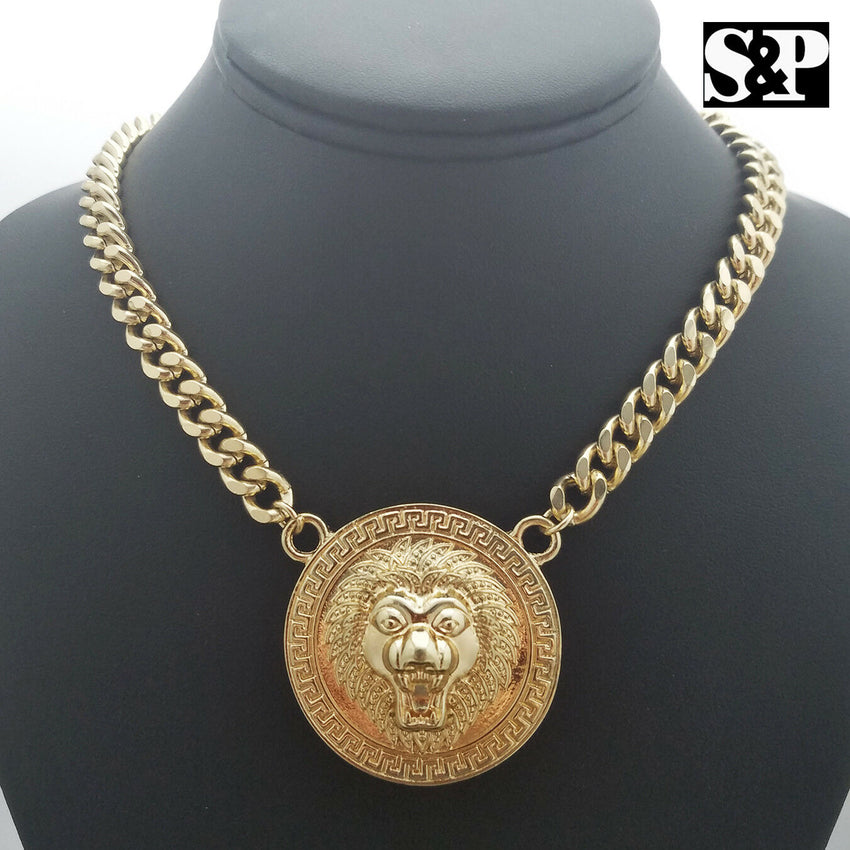 Hip Hop Gold Plated Lion Necklace & 18" Full Iced Cuban Choker Chain Necklace set