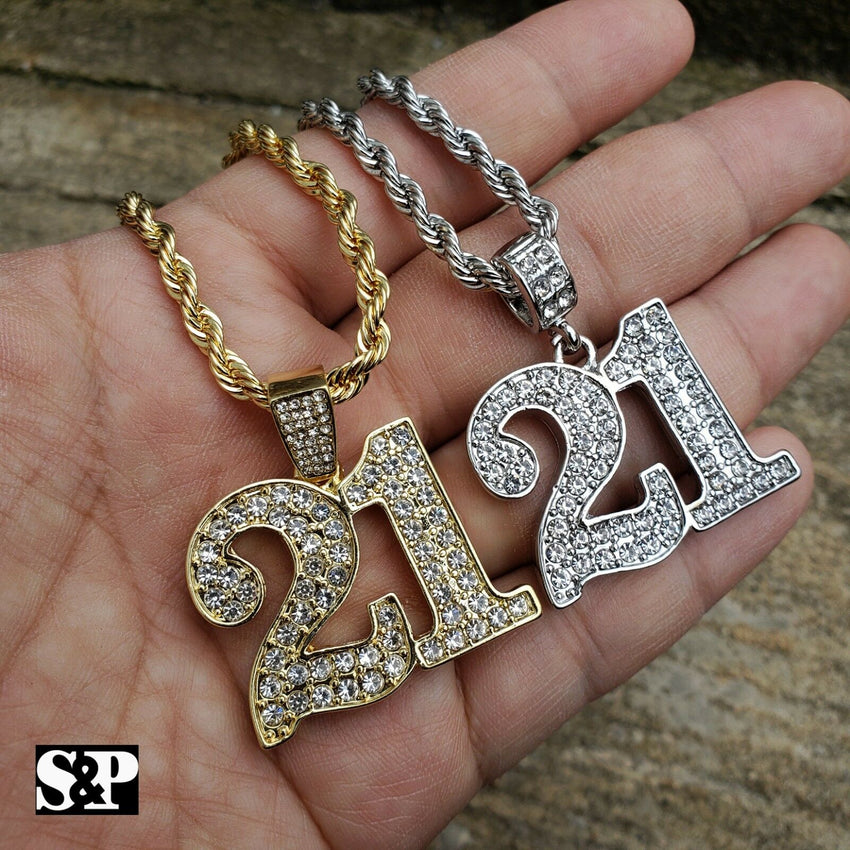 Hip Hop Iced out Lab Diamonds Savage 21 Pendant & 4mm 24" Rope Chain Necklace