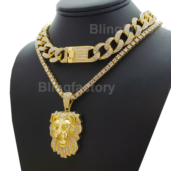 Hip Hop Silver & Gold Crowned King Pendant With Full Iced 18" Cuban Link Chain Set