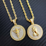 Hip Hop Iced Baby Angel & Praying Hands Pendant & 24" Rope Chain Necklace
