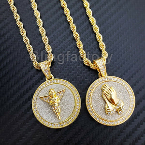 Hip Hop Iced Baby Angel & Praying Hands Pendant & 24