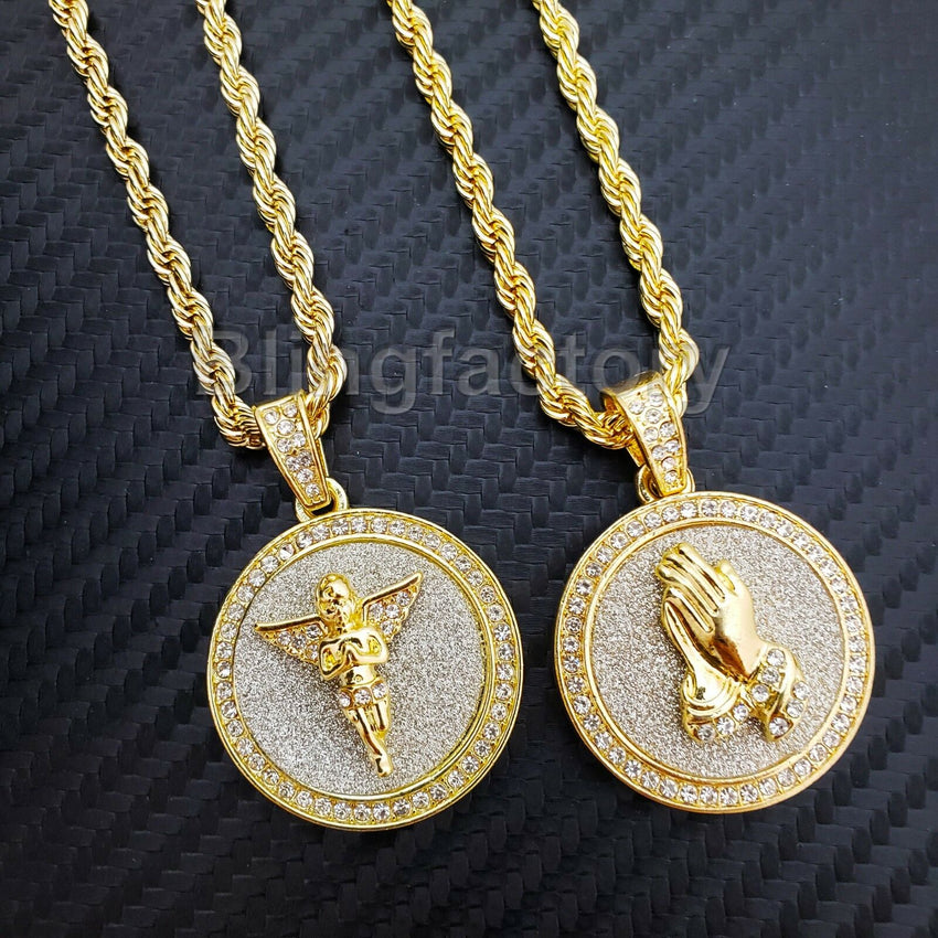 Hip Hop Iced Baby Angel & Praying Hands Pendant & 24" Rope Chain Necklace