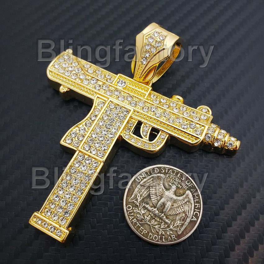 Hip Hop Gold plated Uzi Vert Machine Gun Pendant & 18" Full Iced Cuban Necklace