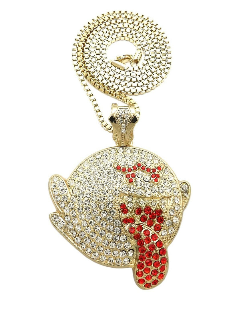 Iced out Large Mario Ghost Boo Pendant & 3mm 30" Box Chain Hip Hop Necklace