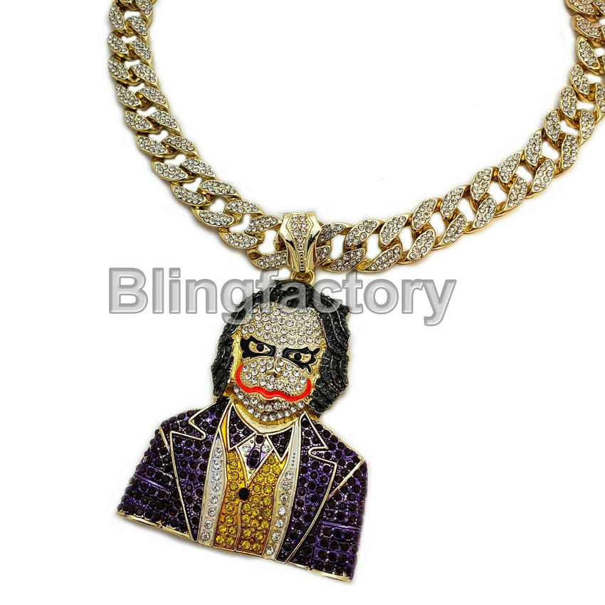 Hip Hop Large JOKER Pendant & 16" Full Iced Miami Cuban Choker Chain Necklace