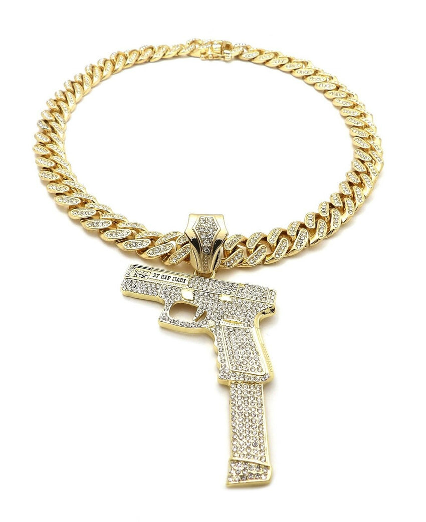 Hip Hop 37 RIP MARY Gun Pendant & 12mm 18" Full Iced Out Cuban Chain Necklace