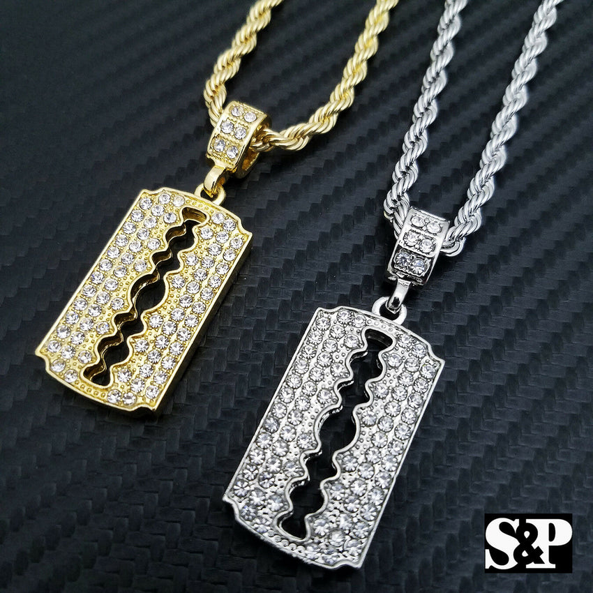 Fashion Iced Barber Shop Razor Blade Pendant w/ 4mm 24" Rope Chain Necklace