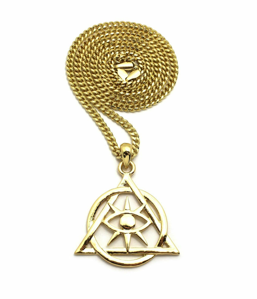 Men's Gold PT illuminati Pyramid Pendant w/ 24" Box, Cuban, Rope Chain Necklace