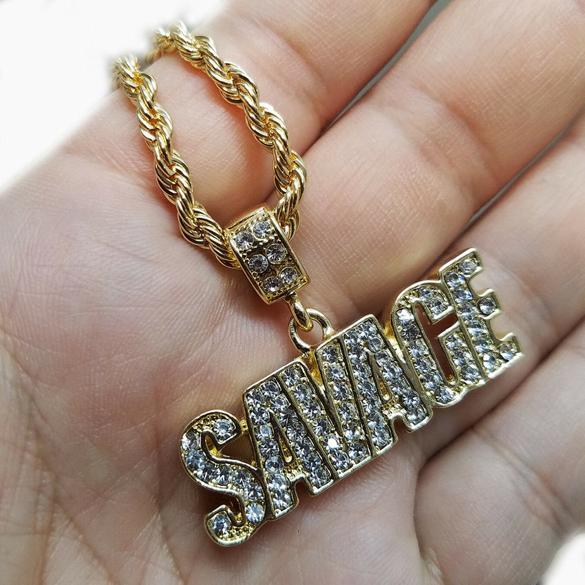 Iced Out Gold PT Hip Hop Savage 21 Pendant & 4mm 24" Rope Chain Hip Hop Necklace