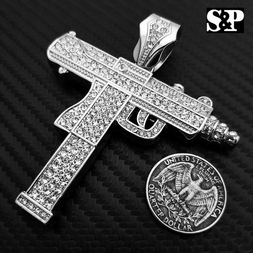 Hip Hop Rapper Iced Out Lab Diamond White Gold plated Large Machine Gun Pendant