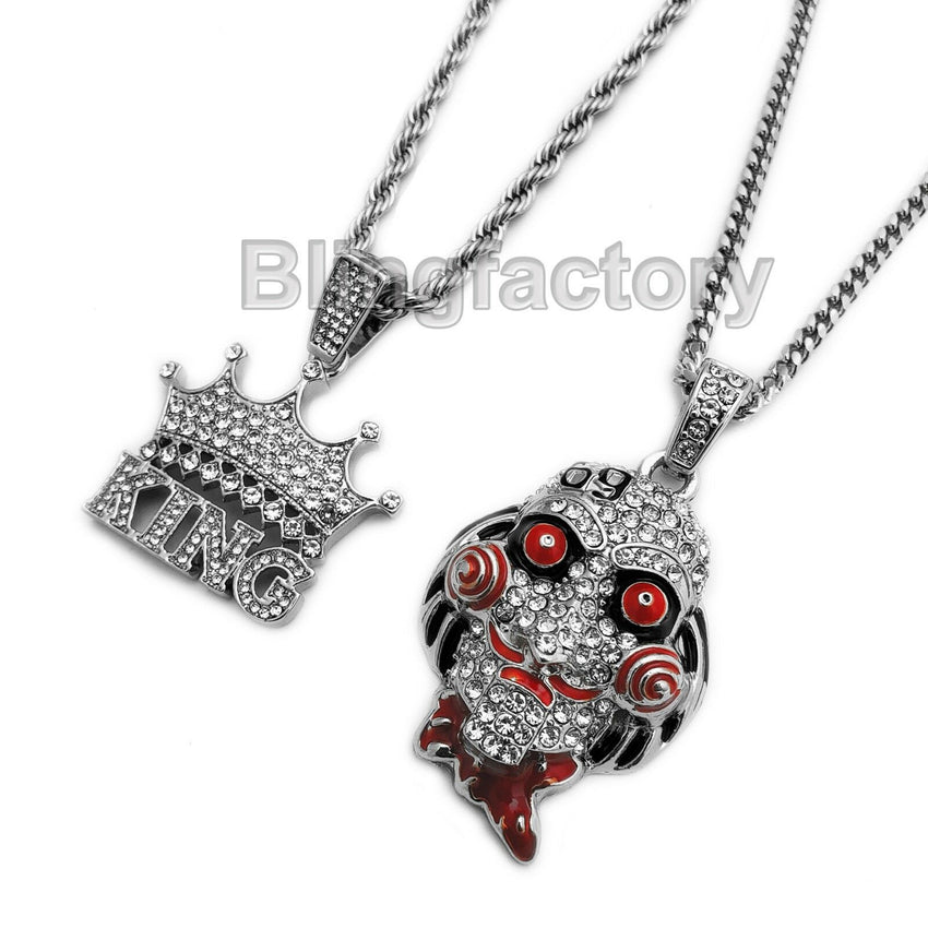Hip Hop Iced Saw & Crowned King Pendant & 20" 24" Rope, Cuban Chain Necklace Set