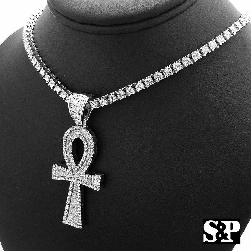 Ankh Cross Pendant & 18" Full Iced 1 Row Diamond Tennis Choker Hip Hop Chain Set