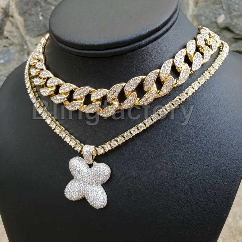 Hip Hop Bubble Letter "X" & 18" Full Iced Cuban & 1 Row Tennis Choker Chain Necklace Set