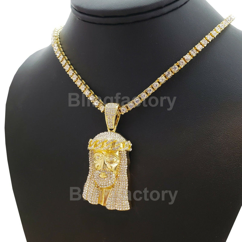 Hip Hop Jesus Face Pendant & 18" 1 Row Lab Diamond Tennis Choker Chain Necklace