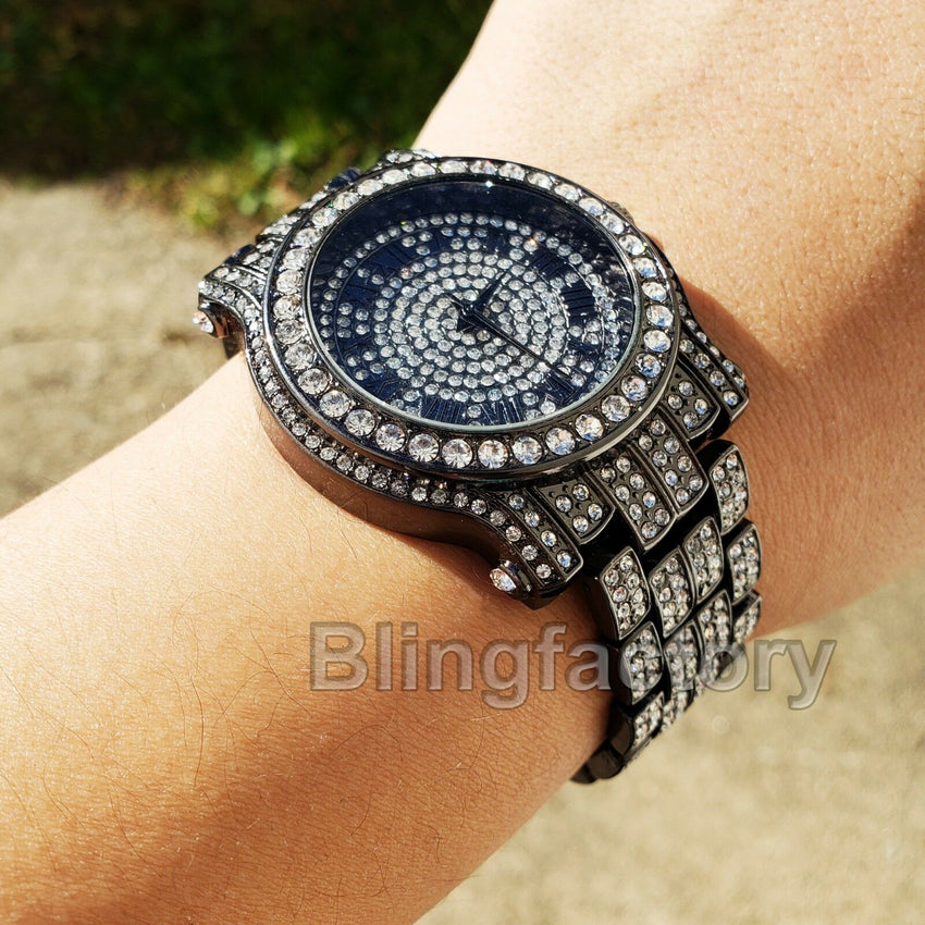 Men's Hip Hop Iced Jet Black Bling Simulated Lab Diamond Rapper Metal Watch