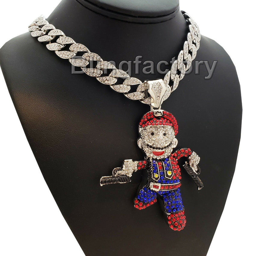 Hip Hop Large Mario Gun Man Pendant & 18" Iced Cuban Choker Chain Necklace