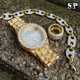 MEN HIP HOP ICED OUT LAB DIAMOND WATCH & RING & GUCCI CHAIN BRACELET COMBO SET