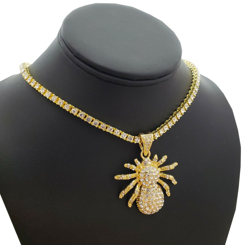 Hip Hop Iced out SPIDER Pendant 18" 1 Row Lab Diamond Tennis Choker Chain Necklace