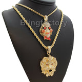 Iced out Saw Inspired & Lion Head Pendant & 24" 30" Rope, Cuban Chain Necklace Set