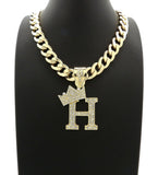 Hip Hop Crowned Alphabet Initial Pendant & 11mm 20" Cuban Choker Chain Necklace