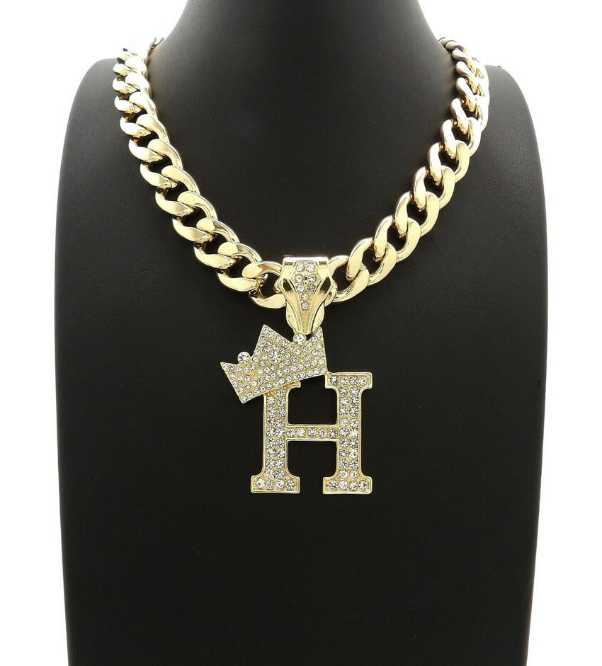 Hip Hop Crowned Alphabet Initial Pendant & 11mm 20" Cuban Choker Chain Necklace