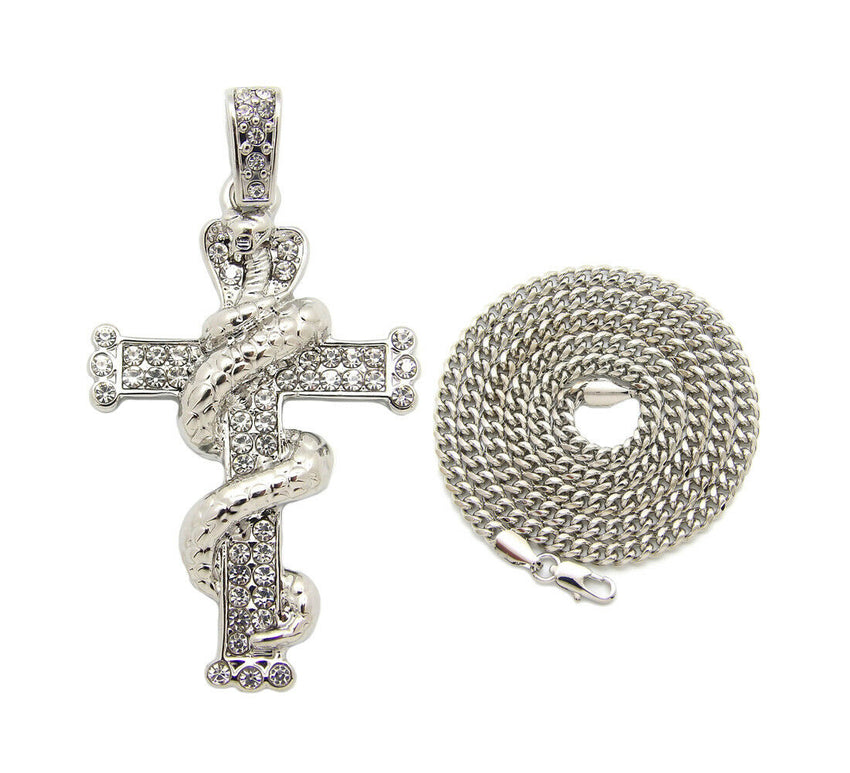 Iced Out Snake wrapped Cross Pendant 24" Box, Cuban, Rope Chain Hip Hop Necklace