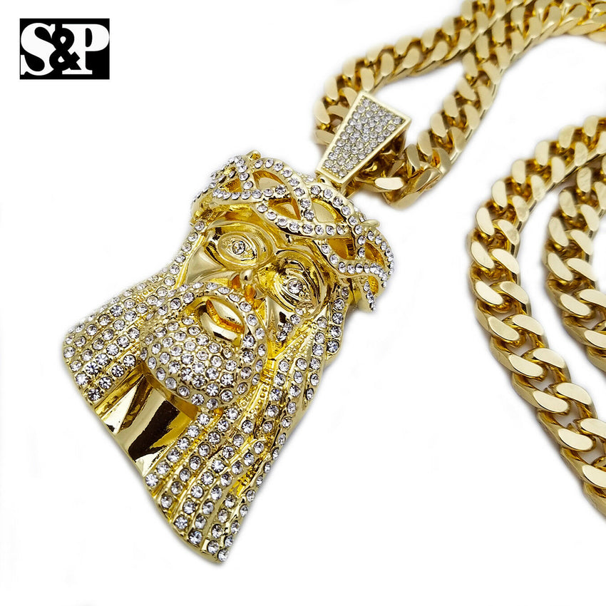 NEW HIP HOP GOLD ICED OUT JUMBO JESUS CZ PENDANT, 10mm 30" CUBAN CHAIN NECKLACE