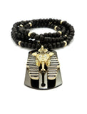 Hip Hop Iced Egyptian King Tut & Dog Tag Pendant w/ 6mm 30" Wooden Bead Necklace