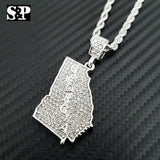 Iced out Fashion GEORGIA STATE Lab Diamond Pendant w/ 24" Rope Chain Necklace