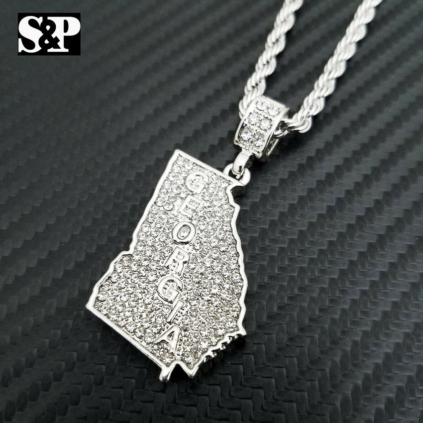 Iced out Fashion GEORGIA STATE Lab Diamond Pendant w/ 24" Rope Chain Necklace