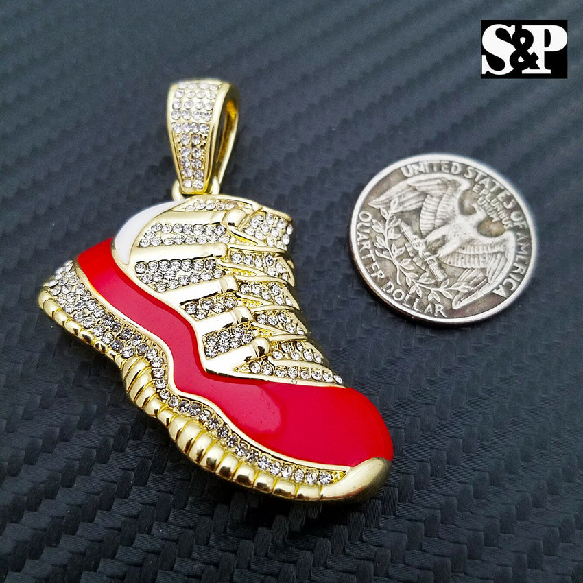 Men's Iced out 14K Gold Plated Hip Hop Lab Diamonds Red Retro 11 Shoe Pendant